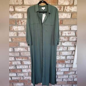 Nordstrom Socialite NWT Olive Green Maxi Shirt Dress Sz L Missing Belt-Lagenlook